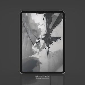 May include: A digital tablet shows a monochrome abstract artwork. The art piece uses strong brushstrokes and splatters, forming a dynamic design. The text "Epure Art Print" and "Phone Art Collection" is at the bottom of the image.