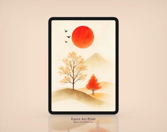 Puede incluir: Impresión de arte digital en una tableta con un paisaje minimalista. Un gran sol naranja se encuentra sobre una cordillera, con árboles en primer plano. El texto "Epure Art Print" está en la parte inferior.