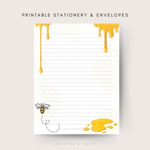 Bountiful Bee - Printable Digital Stationery Set | Lined Unlined Paper | Letter Writing Sheet and Envelope | A4 & US Letter 8.5x11