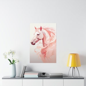 Póster con diseño de caballo místico en rosa, arte de pared con caballos, decoración de habitación con caballos, póster enmarcable, póster en colores pastel