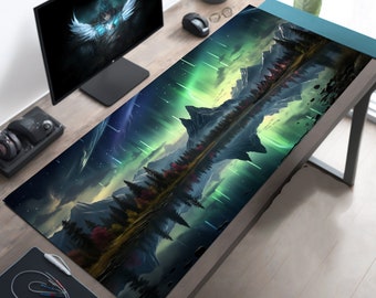 Northern Lights and Meteor Shower over Western Mountains Desk Mat, Western Desk Decor, Aurora Borealis Mousepad XL, Gaming Mouse Pad