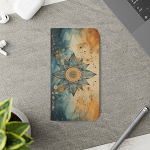 Western Vintage Style Pale Blue Starburst Samsung or iPhone Folio Wallet, iPhone Folio Wallet Case, Stylish Vegan Leather Phone Wallet