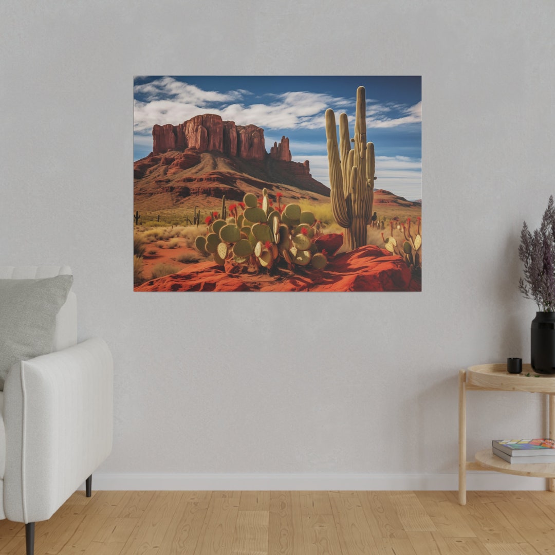 Arizona Desert Wall Art, Desert Canvas Art Print, Cactus and Red