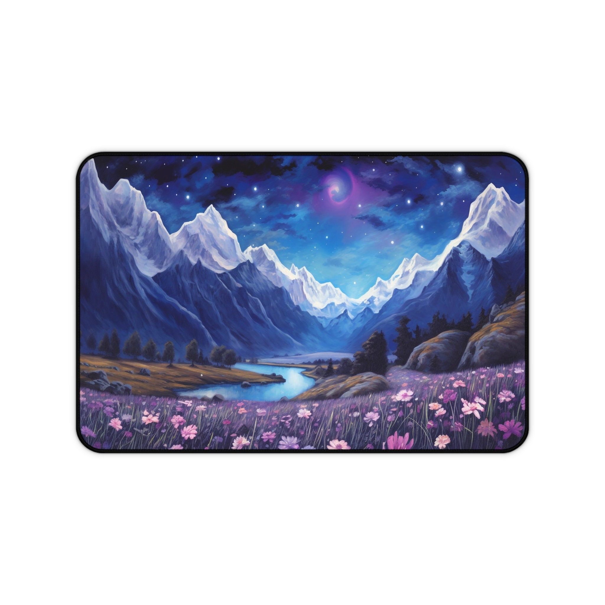 Snowcapped Rocky Mountain Desk Mat Nighttime, Springtime, Purple