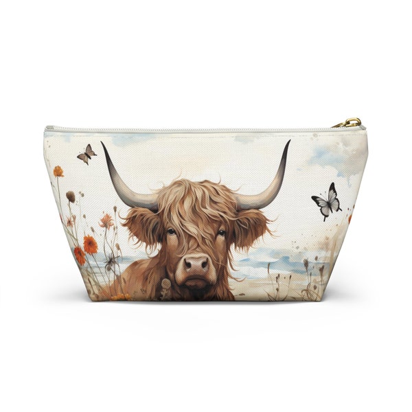 Cute Highland Cow Travel Makeup Bag, Cow Makeup Bag, Cute Highland Cow Pencil Pouch