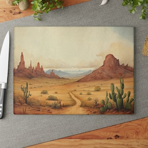 Glass Cutting Board, Unique Southwestern Desert Art Print, Veg Cutting Board, Meat Chopping Board, Southwest Kitchen Decor