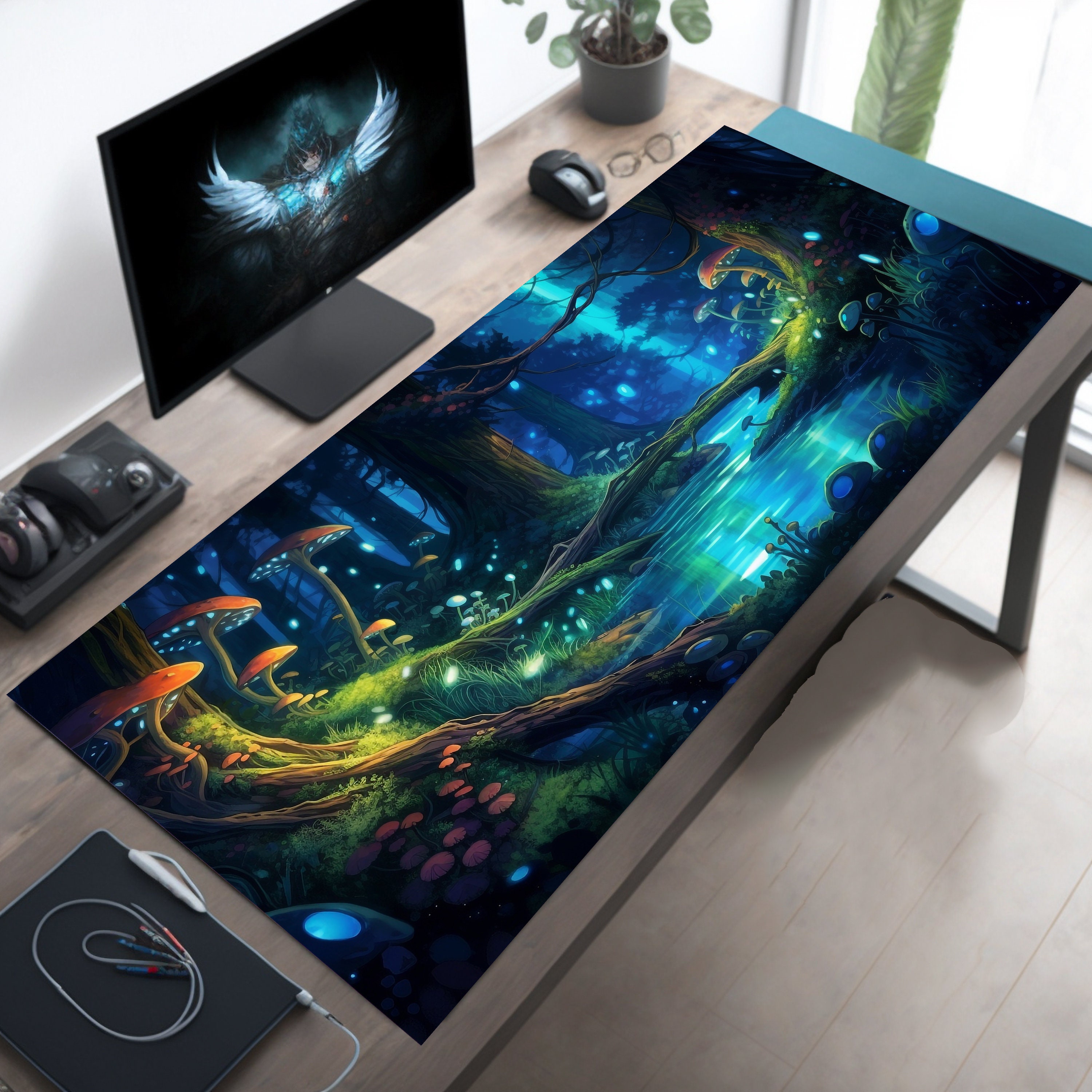 Enchanted Redwood Forest Desk Mat - Mystic Night, Cute Mushrooms, River, Anime-Style XL Woodland Workspace Accessory