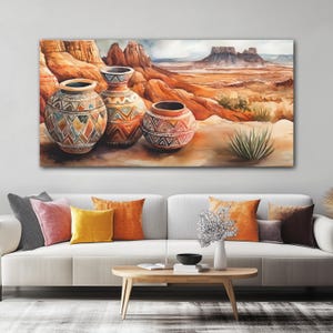 Southwestern Pottery in the Desert Buttes - Large and Wide Canvas Wall Art - Southwestern Nostalgic Scenery - Landscape Wall Art