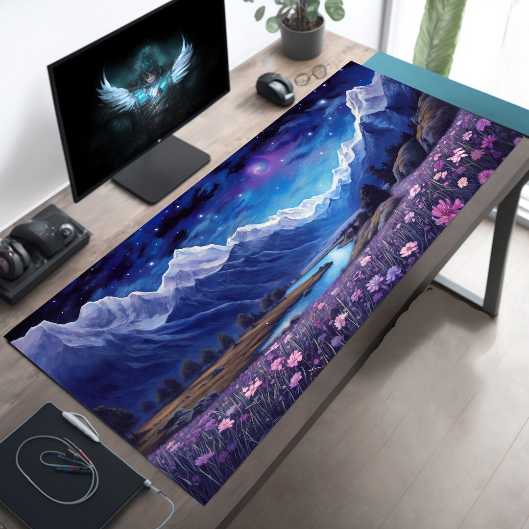 Snowcapped Rocky Mountain Desk Mat Nighttime, Springtime, Purple
