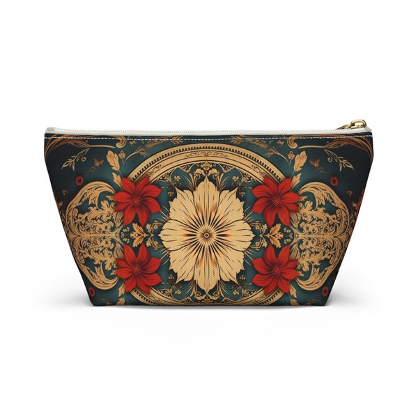 Old Western Floral Textile Print Travel Makeup Bag Featuring Vintage Floral Art, Vintage Western Cosmetic Bag,  Cute Pencil Pouch