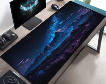 Western Mountain at Night in Blue PC Accessory, Gaming Table Setup, Computer Table, Aesthetic Mountain Desk Decor, Mountain Lovers Gift