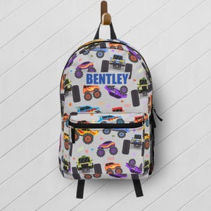 Monster Trucks Backpack / Kids Custom Name Book Bag for School / Backpack Lunchbox Matching Set / Boys Back to School Bag