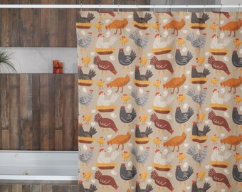 Chicken Shower Curtain for Farmhouse Bathroom Decor, Kid Shower Curtain, Cute Farm Bath Curtain, Gift for Chicken Farmer