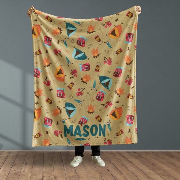 Camping Blanket Personalized for Baby Shower Gift, Cozy Toddler Blanket, Birthday Gift Idea for Nature Lover, Family Camping Trip Gift