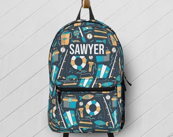 Personalized Fish Backpack for Boys, Nautical Fishing School Bag, Custom Name Book Bag with Lunchbox Option