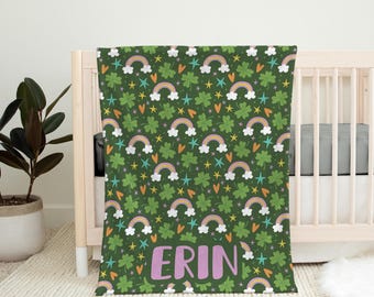 Personalized St. Patrick's Day Velveteen Blanket, Shamrock Rainbow Name Blanket