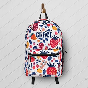 Berries Backpack with Custom Name / Personalized Girls Fruit Backpack / Strawberry Book Bag for School / Kids Travel Bag / Cute Diaper Bag