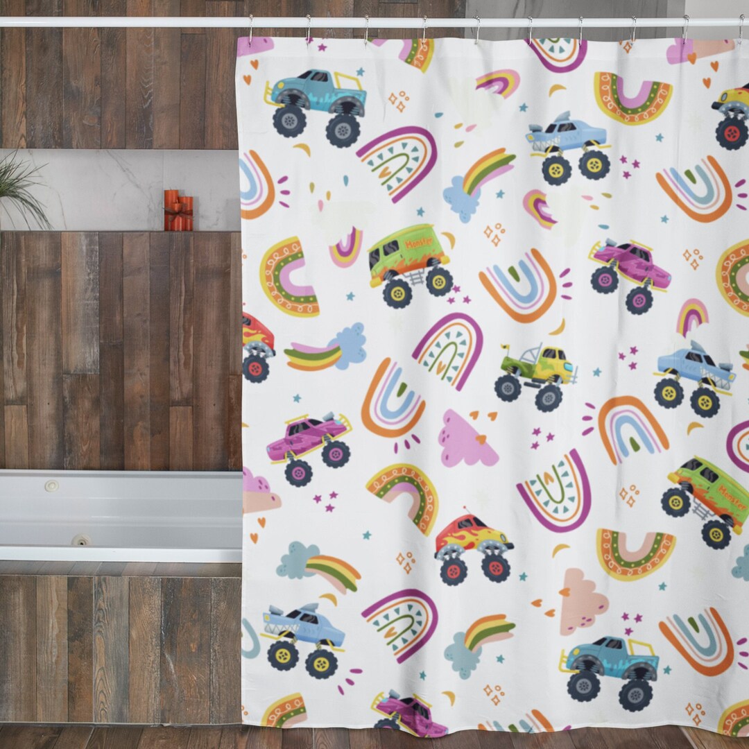 Rainbows Monster Trucks Shower Curtain for Kids Bathroom Decor Rainbow