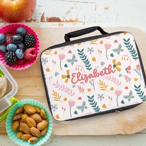 Custom Name Flower Lunch Bag / Kids Floral Lunch Box for School / Spring Floral Tote Lunch Bag for Her / Snack Bag Personalized Gift Teacher