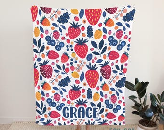 Personalized Berry Velveteen Blanket, Strawberry Nursery Decor