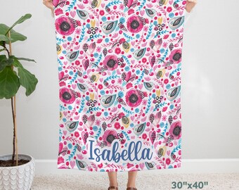 Custom Floral Girl's Name Blanket, Personalized Soft Velveteen Throw