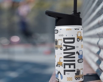Personalized Kids Construction Water Bottle: Work Trucks, Excavator Birthday Gift