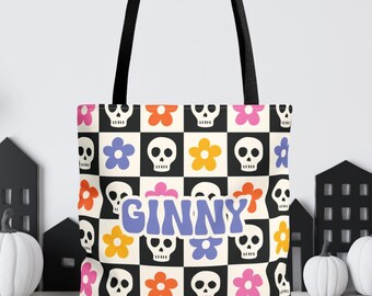 Personalized Halloween Tote Bag, Checkered Skulls Flowers, Trick or Treat Bag