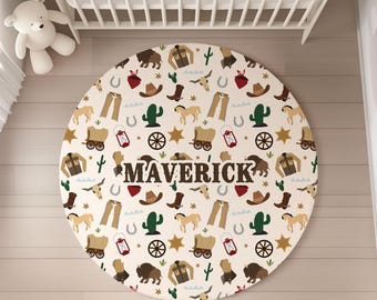 Personalized Cowboy Nursery Rug – Wild West Baby Room Rug – Custom Name Kids Floor Mat