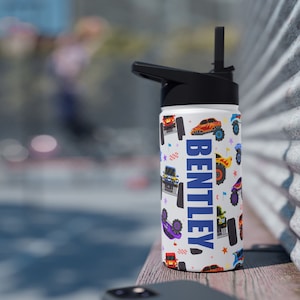 Personalized Monster Trucks Water Bottle, Kid Stainless Steel Water Bottle, Custom Name Straw Water Bottle, Camp Bottle, School Water Bottle