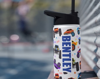 Personalized Monster Truck Water Bottle, Stainless Steel Straw Bottle