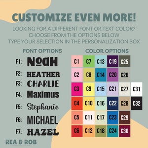 Op de afbeelding: Een grafiek met lettertype- en kleuropties voor het personaliseren van een gepersonaliseerd cadeau. De lettertype-opties zijn Noah, Heather, Charlie, Maximus, Stephanie, Michael en Hazel. De kleuropties zijn gelabeld C1 tot en met C32.