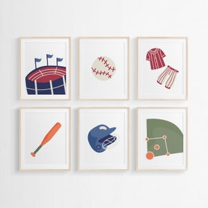 Baseball Wall Art Prints for Nursery Decor, Wall Art Baseball Kids Room, Baseball Nursery Print Set of 6, Baseball Bedroom Wall Decor
