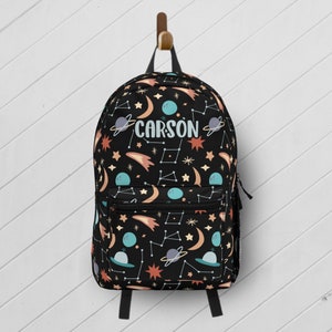 Space Backpack for School Personalized with Name, Black Planet and Stars Book Bag