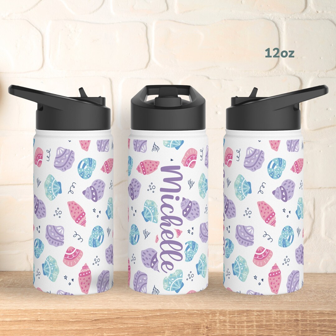 Personalized Seashell Water Bottle, Kids Stainless Steel Straw Bottle ...