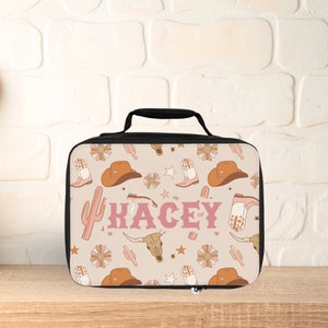 Pink Western Retro Lunchbox with Custom Name / Girls Cowgirl Lunch Bag for School / Kids Custom Lunch Box / Personalized Snack Bag