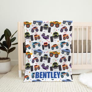Personalized Monster Trucks Blanket / Custom Name Kids Truck Throw Blanket / Monster Truck Bedroom Decor / Toddler Boy Birthday Gift