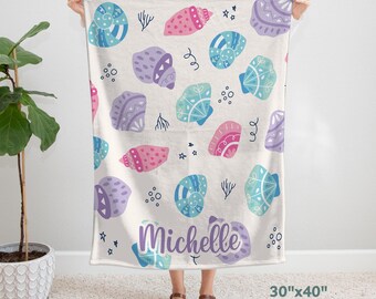Personalized Seashell Velveteen Baby Blanket, Nautical Nursery Decor