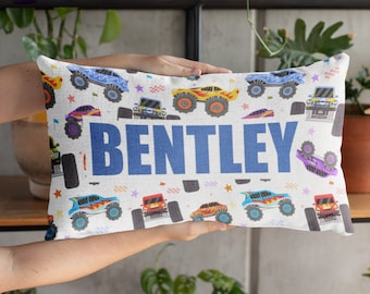 Personalized Monster Truck Pillow – Custom Kids Name Nursery Decor
