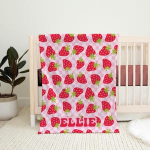 Pink Strawberry Name Blanket - Girls Personalized Strawberry Blanket, Cute Fruit Nursery Decor Gift for Baby Girl, Strawberry Baby Shower