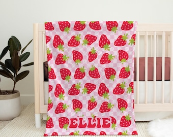 Personalized Strawberry Blanket - Plush Velveteen, Baby Girl Nursery Decor