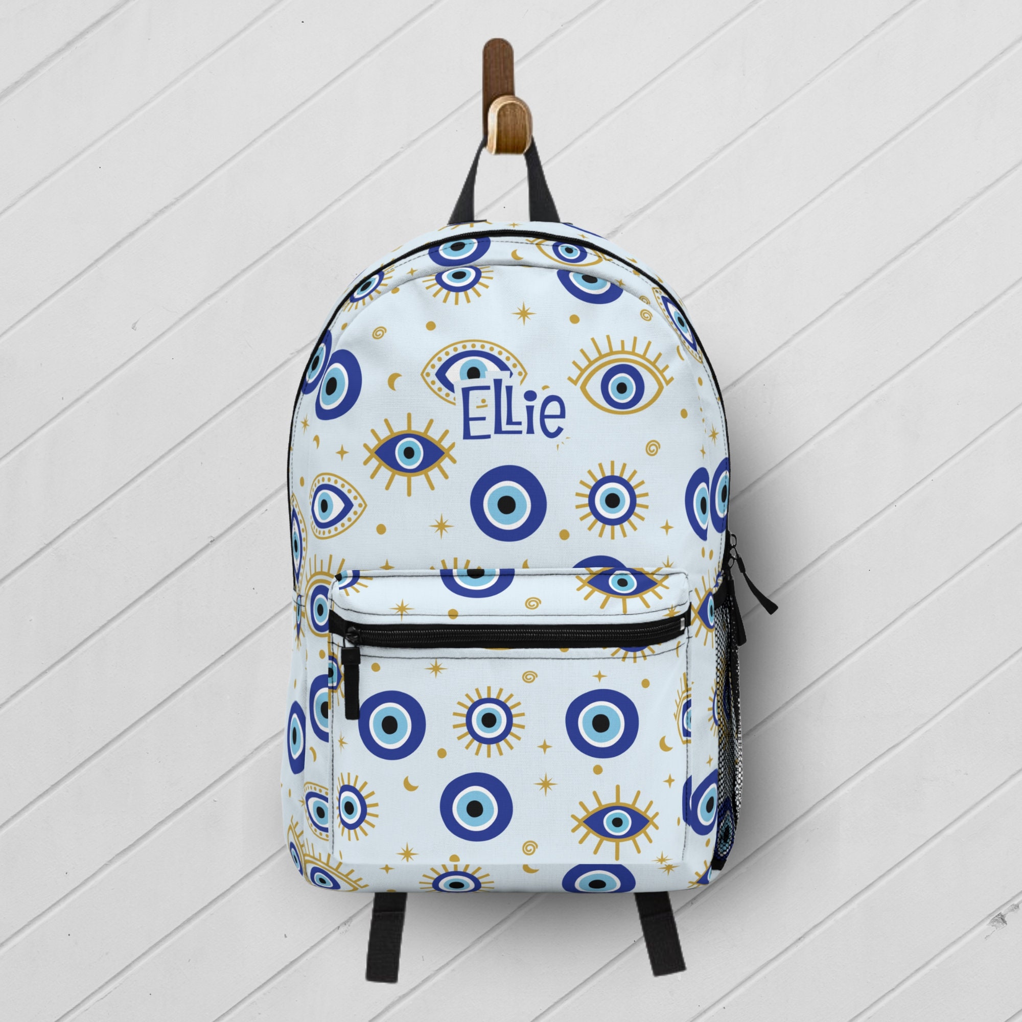 Blue Evil Eye Backpack Custom Name / Boho Evil Eye School Bag / Personalizable Kid Travel Bag / Daycare Diaper Bag for Newborn / Yoga Bag