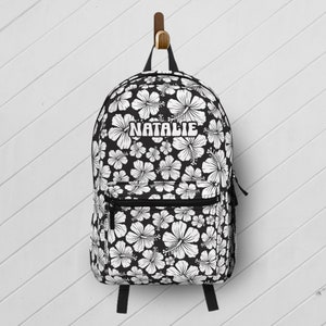 Hibiscus Backpack, Kid School Bag, Flower School Bag, Custom Name Backpack, Tropical Floral Backpack for Girl, Summer Bag