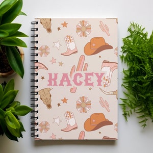 Personalized Western Retro Pink Notebook / Custom Name Kids Journal / Country Cowgirl Diary with Name / Back to School Gift for Girl
