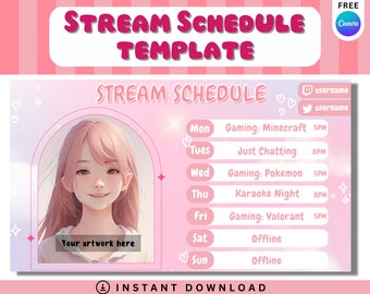 Cute Kawaii Pink Bubblegum Sky Cloud Twitch Discord Weekly Stream Schedule Template |Editable Pastel Canva Twitter Youtube Streamer Subathon