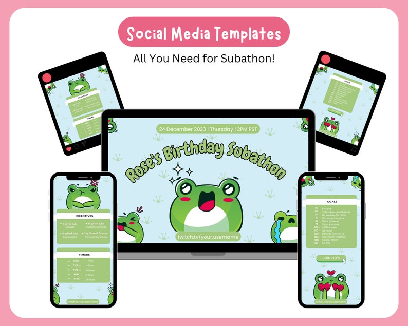 Kawaii Frog Subathon Social Media Template Package Twitch Event Social Cute Gaming Theme for Twitch Streamer Discord Youtube Stream image 2