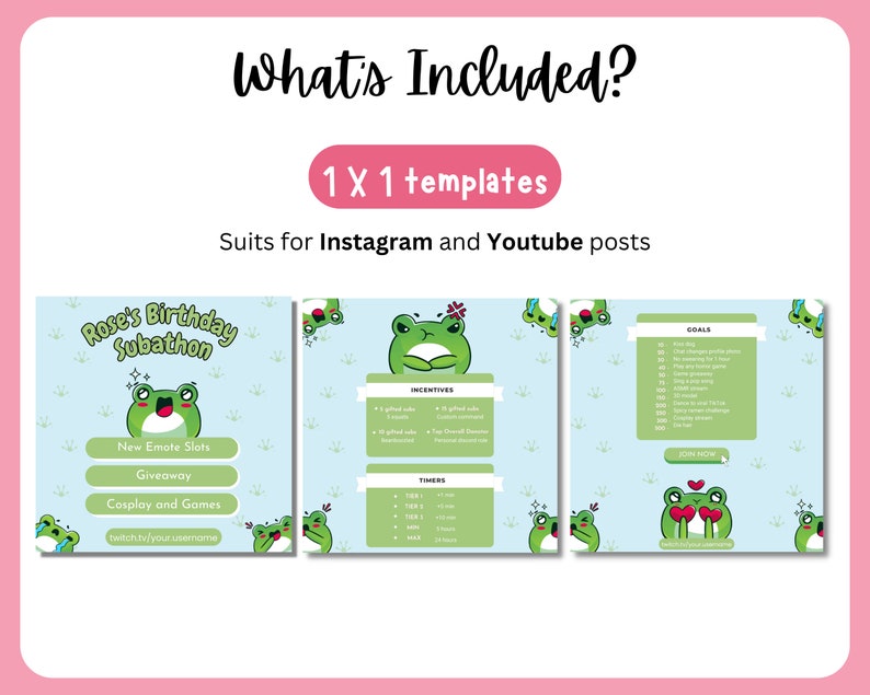 Kawaii Frog Subathon Social Media Template Package Twitch Event Social Cute Gaming Theme for Twitch Streamer Discord Youtube Stream image 3