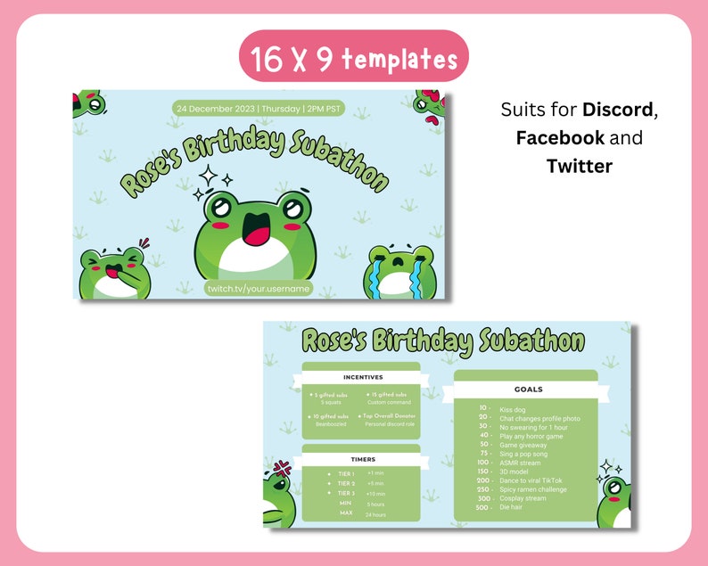 Kawaii Frog Subathon Social Media Template Package Twitch Event Social Cute Gaming Theme for Twitch Streamer Discord Youtube Stream image 4