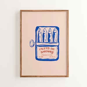 Impresión de sardinas en estilo vintage francés, póster de filetes de sardinas, arte de cocina retro, decoración de pared azul y rosa, arte de ilustración de peces