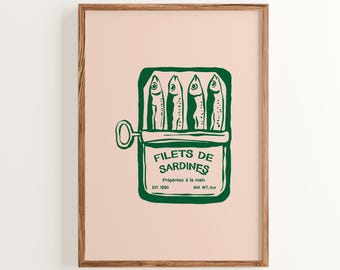 Sardines Print: French Vintage Kitchen Art, Retro Fish Illustration (Digital Download)