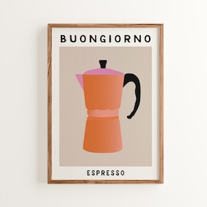 Peut inclure: Une impression encadrée avec un design minimaliste représentant une cafetière à espresso orange vif avec un couvercle rose et une poignée noire. Le texte "BUONGIORNO ESPRESSO" est imprimé en noir sous l'image.